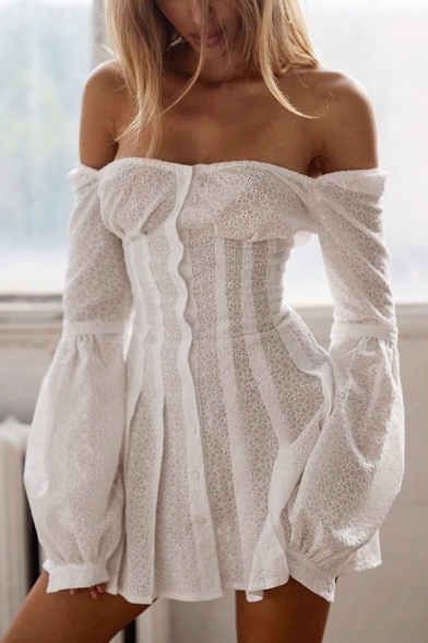 Womens Simple Plain White Off the Shoulder Long Sleeve Button Down Mini A-Line Dress