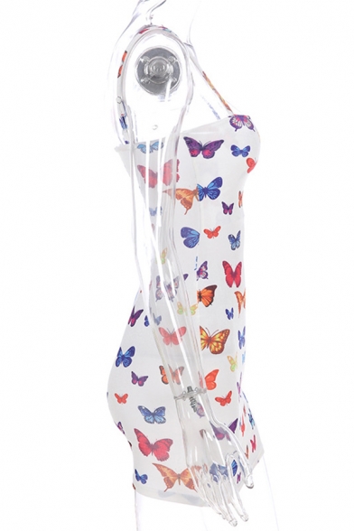 Womens Stylish Colorful Butterfly Printed Spaghetti Straps White Mini Party Dress