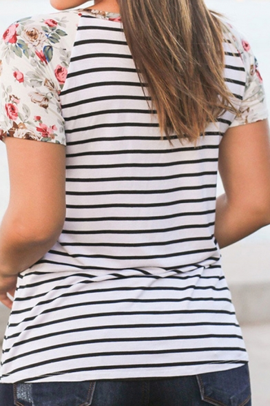 Womens Stylish Flower Panelled Short Sleeve Striped Print White Slim Fit Leisure T-Shirt