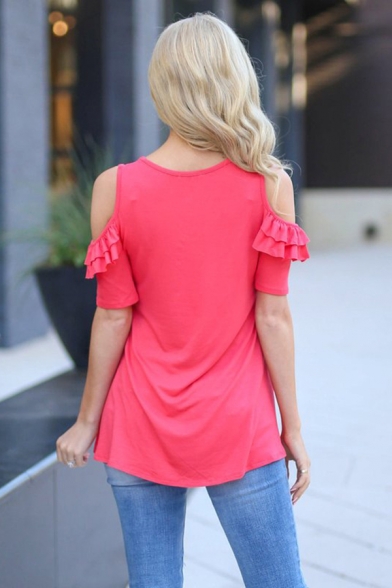 Womens Trendy Plain Rose Red Tiered Frill Cold Shoulder Short Sleeve Round Neck Casual T-Shirt