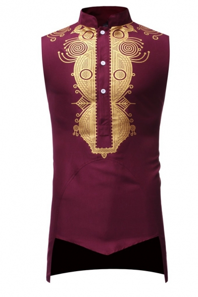 African Stylish Hot Stamping Design Button Down High Low Hem Tunic Sleeveless Shirt