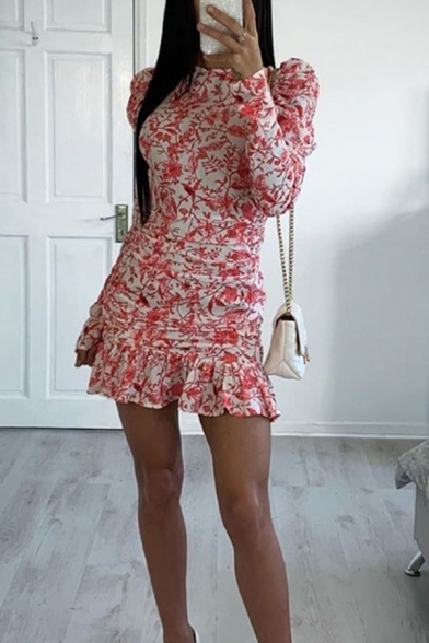 Allover Floral Pattern Puff Long Sleeve Tied Backless Ruffles Hem Mini Retro Day Dress