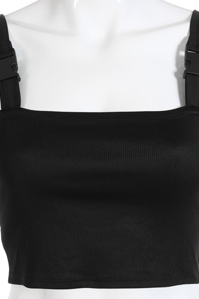 Basic Black Sleeveless Buckle Strap Knit Slim Fit Crop Cami Top for Women