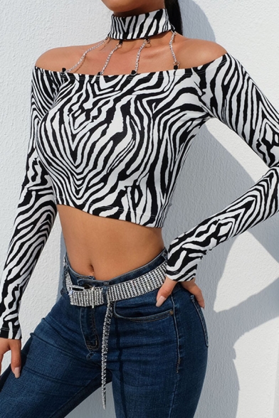 Black Edgy Looks Long Sleeve Choker Chain Embellished Zebra Print Slim Crop T Shirt for Female