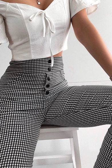 Casual Fashion Black High Waist Button Down Plaid Patterned Ankle Slim Fit Pants for Girls