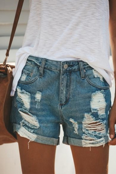 Cool Trendy Ladies' Mid Rise Distressed Rolled Cuffs Relaxed Fit Denim Shorts in Blue