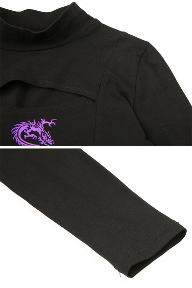 Edgy Girls' Long Sleeve Mock Neck Dragon Printed Slim Fit Black Crop Tee