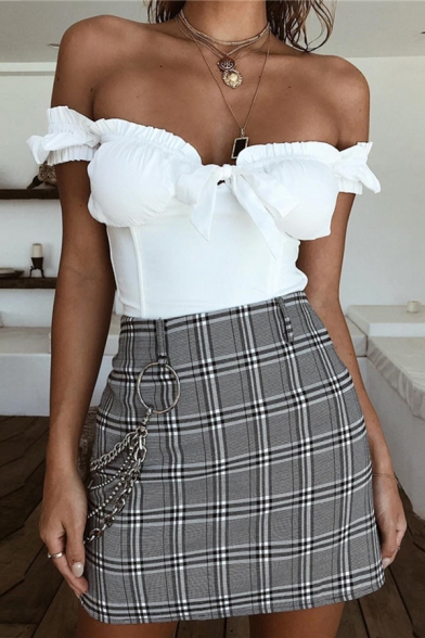 Edgy Looks Plain Puff Sleeve Off Shoulder Bow-Tie Ruched Slim Crop Top for Girls