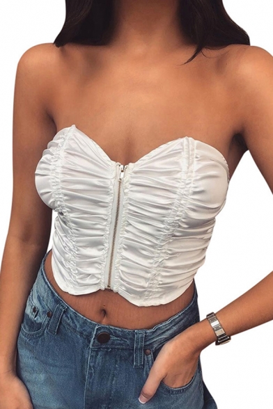 Edgy Looks White Sleeveless Sweetheart Neck Zip Front Fitted Crop Tube Top for Girls