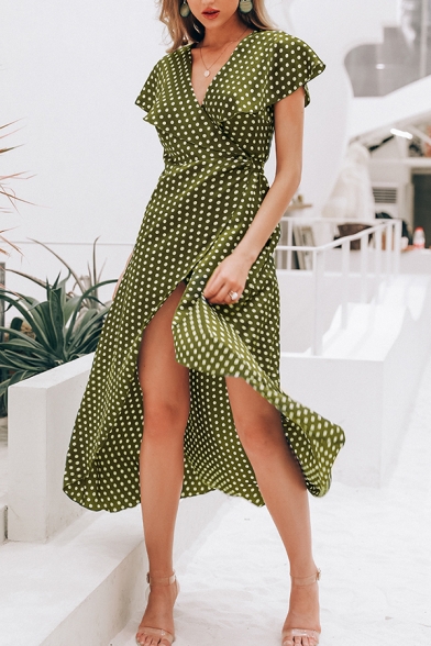Elegant Girls' Ruffle Sleeve Deep V-Neck Polka Dot Print Split Front Bow Tie Waist Asymmetric Long Flowy Dress in Green