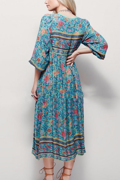 Ethnic Ladies' Bell Sleeve Deep V-Neck Floral Pattern Pleated Maxi Boho Flowy Dress in Blue