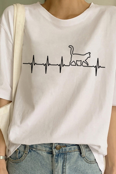 Fancy Animal Letter Cartoon Printed Short Sleeve Crew Neck White Graphic T-Shirt