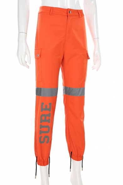 Fashion Street Girls' High Waist SURE Letter Contrasted Reflective Cuffed Tapered Fit Ankle Cargo Pants in Orange