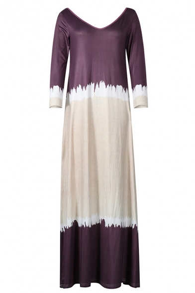 Female Casual Simple Long Sleeve V-Neck Open Back Contrast Pleated Oversize Maxi Swing Dress in Maroon