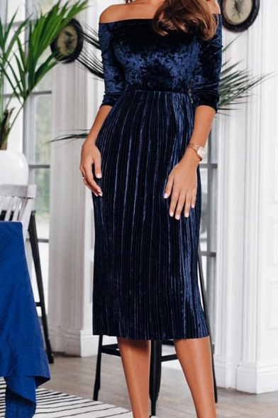 Formal Dressy Long Sleeve Off The Shoulder Velvet Plain Pleated Midi A-Line Dress for Ladies