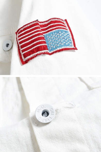 Funny Embroidery Badge Printed Long Sleeve Single Breasted White Fitted Denim Jacket
