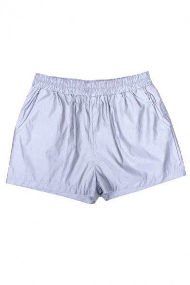 Hot Street Girls' Elastic Waist Reflective Relaxed Fit Straight Shorts in Grey