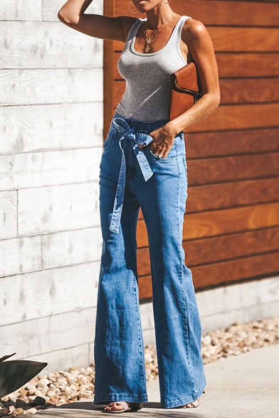 Ladies' Mid Rise Bow Tie Waist Full Length Slim Fit Plain Flared Jeans