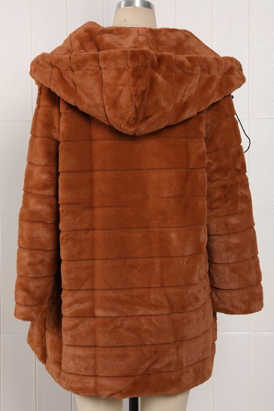 Ladies Warm Long Sleeve Open Front Plain Longline Faux Fur Coat with Hood
