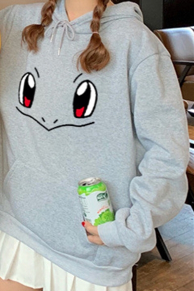 Lovely Cartoon Face Print Long Sleeve Pouch Pocket Drawstring Hoodie for Girls