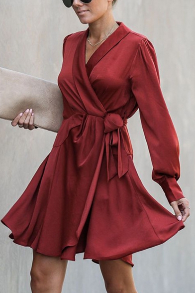 Maroon Elegant Ladies' Long Sleeve Surplice Neck Bow Tie Waist Fitted Short Pleated Wrap A-Line Dress