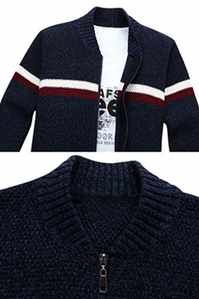 Mens Casual Stripes Pattern Long Sleeve Zip Up Slim Fit Simple Knitted Jacket Cardigan