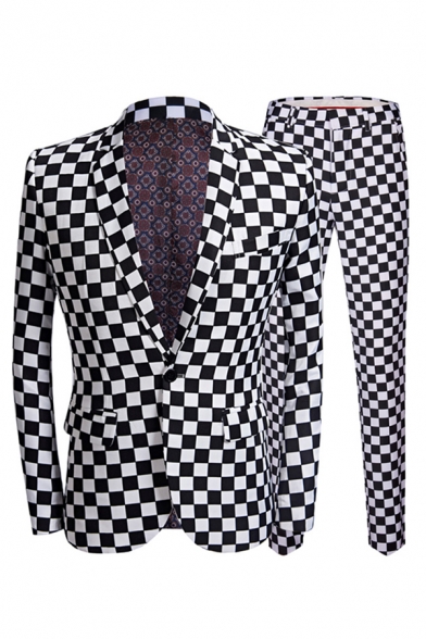 Mens Classic Black and White Checkerboard Pattern One Button Blazer & Pants Set
