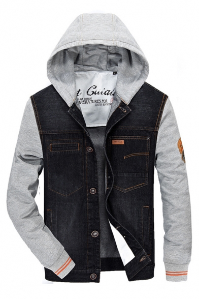 Mens Fashionable Color Block Long Sleeve Button Down Denim Patch Casual Hooded Jacket Outdoor Coat