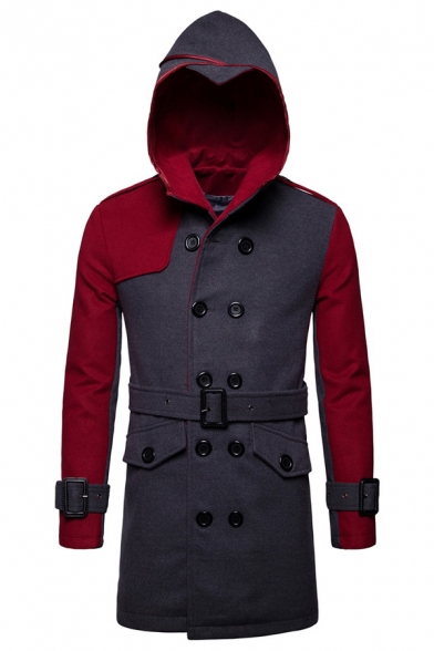 Mens Hot Fashionable Colorblock Panel Long Sleeve Double Breasted Longline Hooded Wool Pea Coat