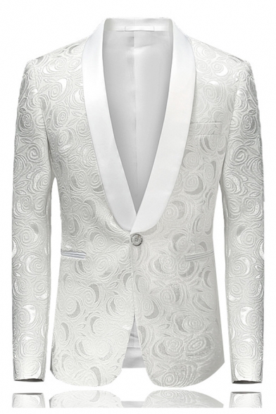 Mens Luxury Plain White Shawl Collar Single Button Tuxedo Jacquard Blazer