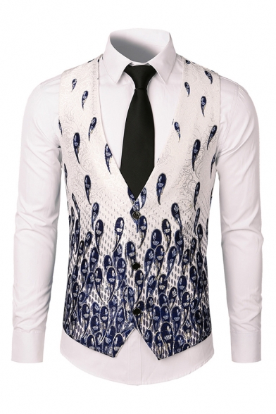 Mens Popular Tadpole Pattern Sleeveless V-Neck Button Up White Blazer Vest