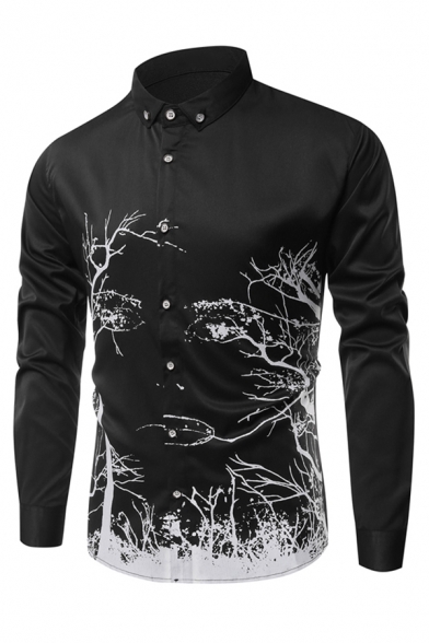 Mens Simple Black and White Branch Pattern Long Sleeve Button Up Fitted Shirt