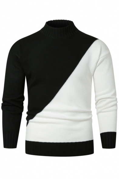 Mens Simple Two-Tone Mock Neck Long Sleeve Fitted Slim Cozy Knit Pullover Sweater