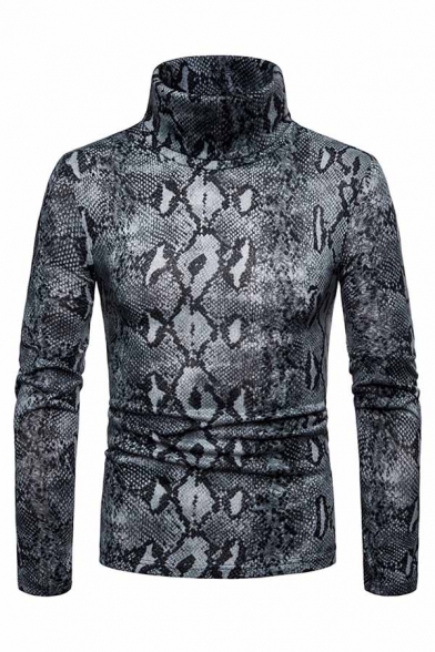 Mens Stylish Snakeskin Printed Long Sleeve High Collar Slim Fit Warm Cool Pullover Sweater