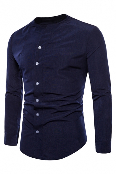 Mens Unique Collarless Long Sleeve Slim Fitted Button-Up Whole Colored Shirt