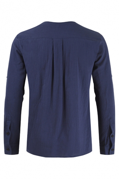 Mens Vintage Pattern Printed Lace-Up V Neck Long Sleeve Slim Fit Navy Blue T-Shirt