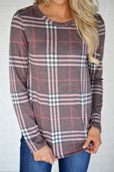 New Stylish Burgundy Plaid Printed Long Sleeve Round Neck Casual T-Shirt Top