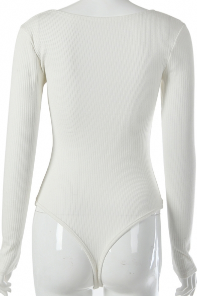 Plain Basic Edgy Long Sleeve V-Neck Knit Slim Fit Bodysuit for Girls