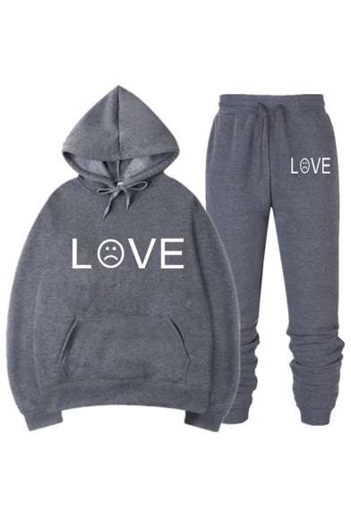 Popular Sad Face LOVE Printed Long Sleeve Thick Hoodie Two Piece Sports Set with Pants