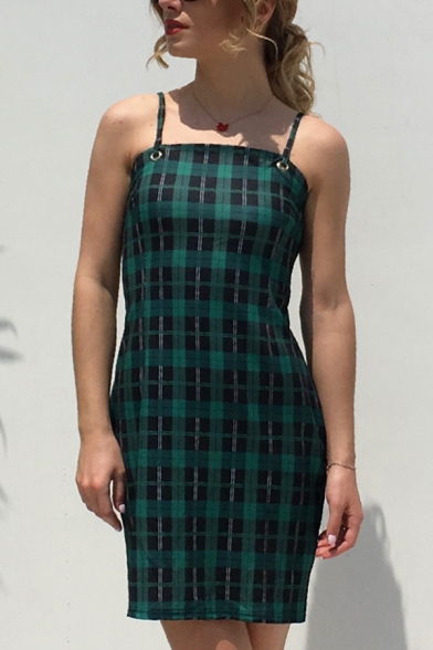 Sexy Ladies' Sleeveless Plaid Patterned Bow-Tied Back Eyelet Slim Fit Short Sheath Cami Dress in Green