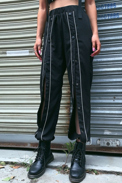 Street Black Elastic Waist Button Down Contrasted Piped Cuffed Ankle Oversize Trousers for Women