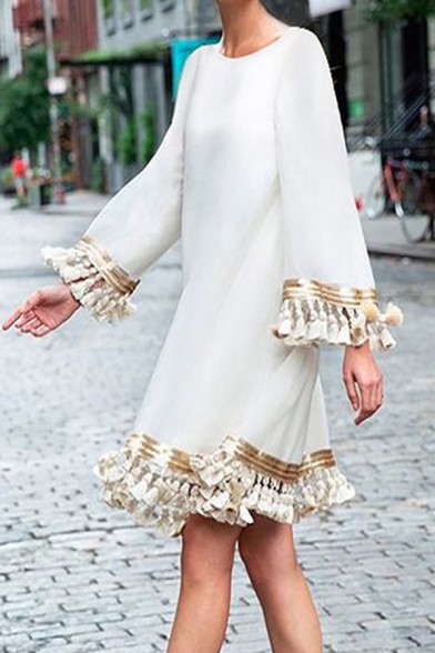 Street Trendy Ladies' Bell Sleeve Macrame Trim Plain Short Swing Dress