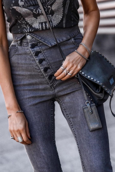 Unique Fashion Girls' Grey High Waist Button Down Asymmetric Stretchy Ankle Skinny Jeans
