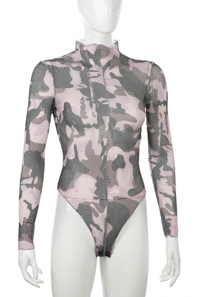 Unique Girls' Long Sleeve High Neck Camo Print Contrast Pipe Stringy Selvedge Cut Out Perforated Fitted Bodysuit in Grey