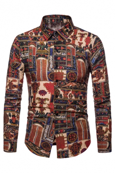 Vintage Tribal Cartoon Floral Geometric Print Long Sleeve Button Up Shirt for Men