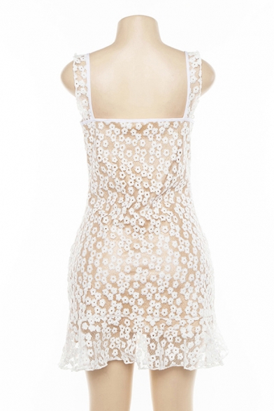 White Chic Floral Printed Sweetheart Tied Front Ruffle Embellished Sheer Lace Mesh Mini Strap Dress