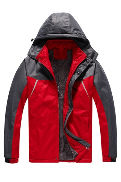 Winter Fashionable Color Block Long Sleeve Button Down Thick Waterproof Hooded Windbreaker Coat