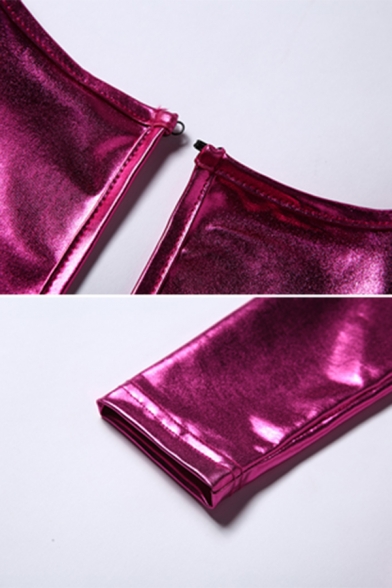Women's Metallic Plain Rose Red Long Sleeve Plunge Neck Keyhole Back NightClub Mini Bandage Dress