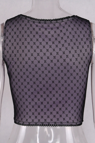 Women's Sexy Black Sleeveless Scoop Neck Mesh Polka Dot Print Lace Trim Hoop Ruffled Crop Tank Top