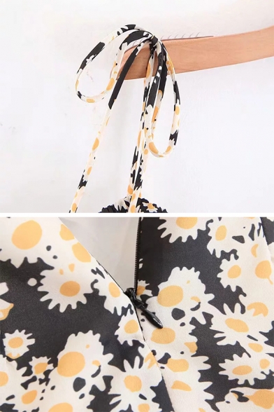 Womens Chic Daisy Pattern Tied Straps Zip Placket Black Mini A-Line Slip Dress